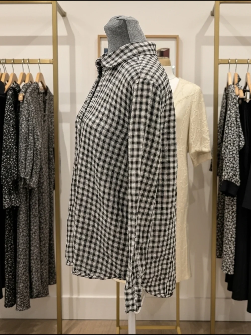 Quince 100% European Linen Plaid Button Down Shirt Women's M Black White - Picture 2 of 9